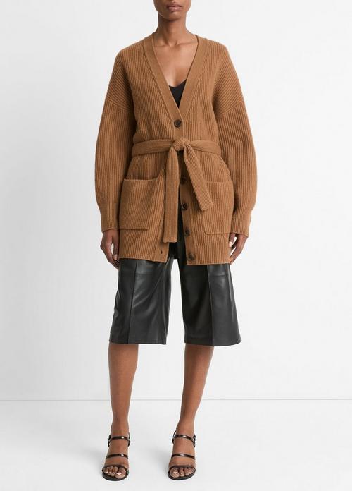 Faux-Leather-Trim Ribbed Wool-Cashmere Cardigan