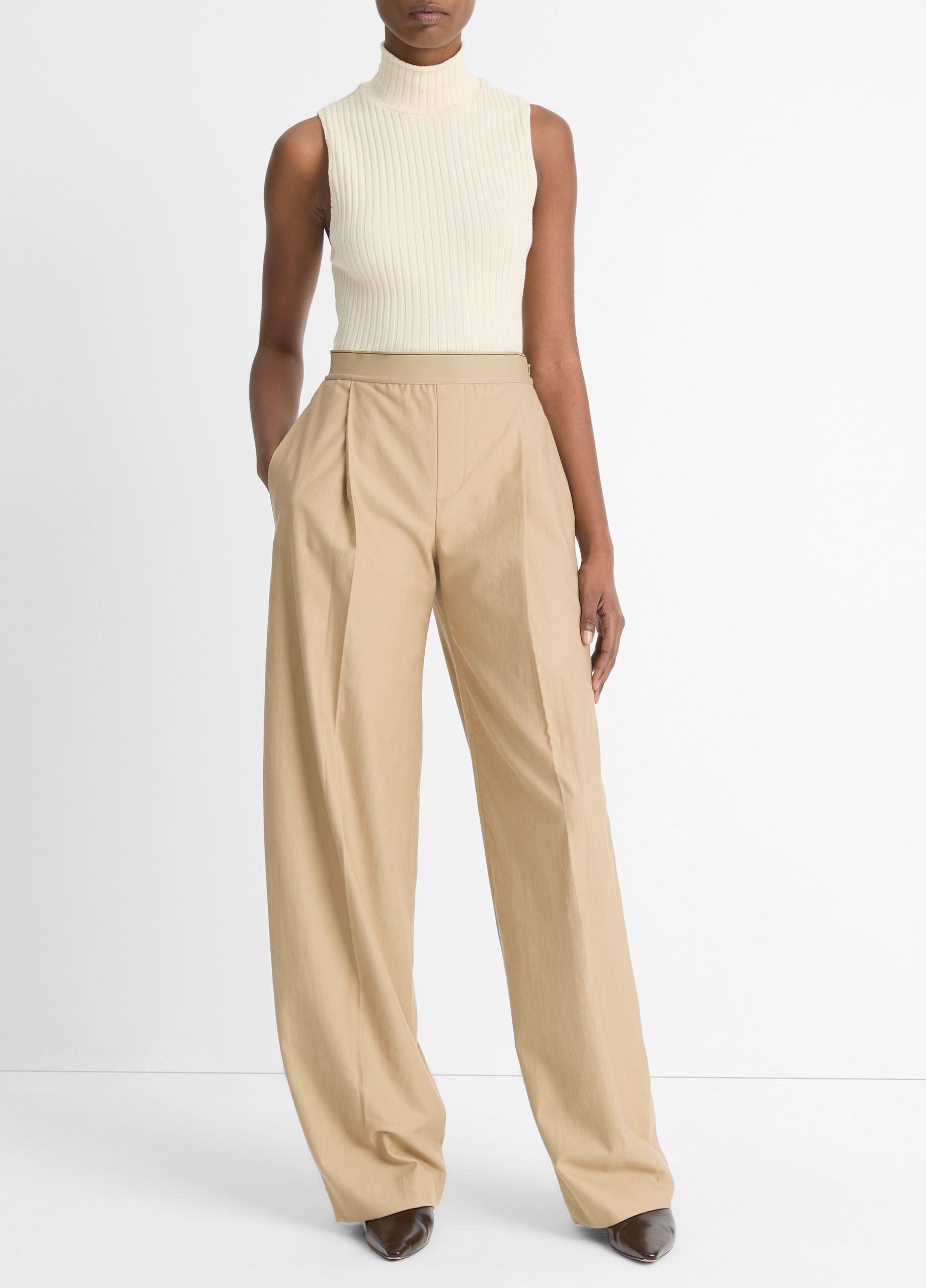Women's Elastic-Waistband Cotton-wool Wide-Leg Pant, Dune Stone, Size 6 Vince