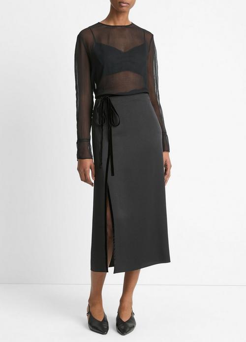 Velvet-Trim Side-Slit Skirt