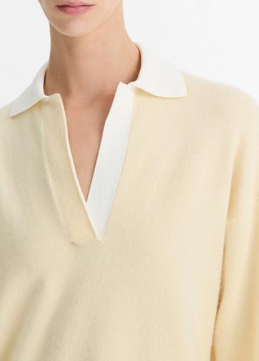 Wool & Cashmere-Blend Contrast-Collar Polo Sweater in V-Neck Wool & Cashmere-Blend Contrast-Collar Polo Sweater in V-Neck