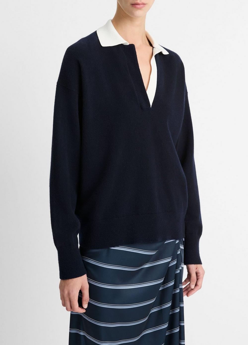 Wool & Cashmere-Blend Contrast-Collar Polo Sweater in V-Neck Wool & Cashmere-Blend Contrast-Collar Polo Sweater in V-Neck