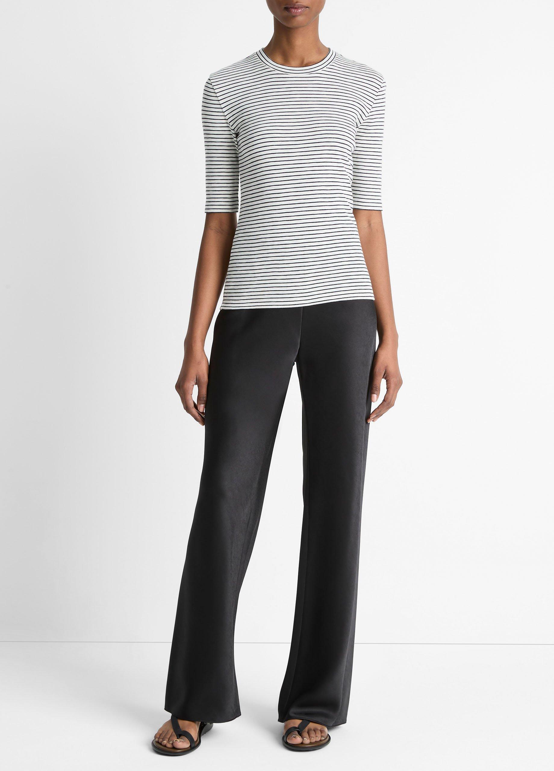 (取寄) ヴィンス レディース ストライプド エルボー スリーブ クルー Vince women Striped Elbow Sleeve Crew Herbaria Combo Vince Womens Rib Stripe Elbow Sleeve Crew, FLAXEN/DEEP Lake