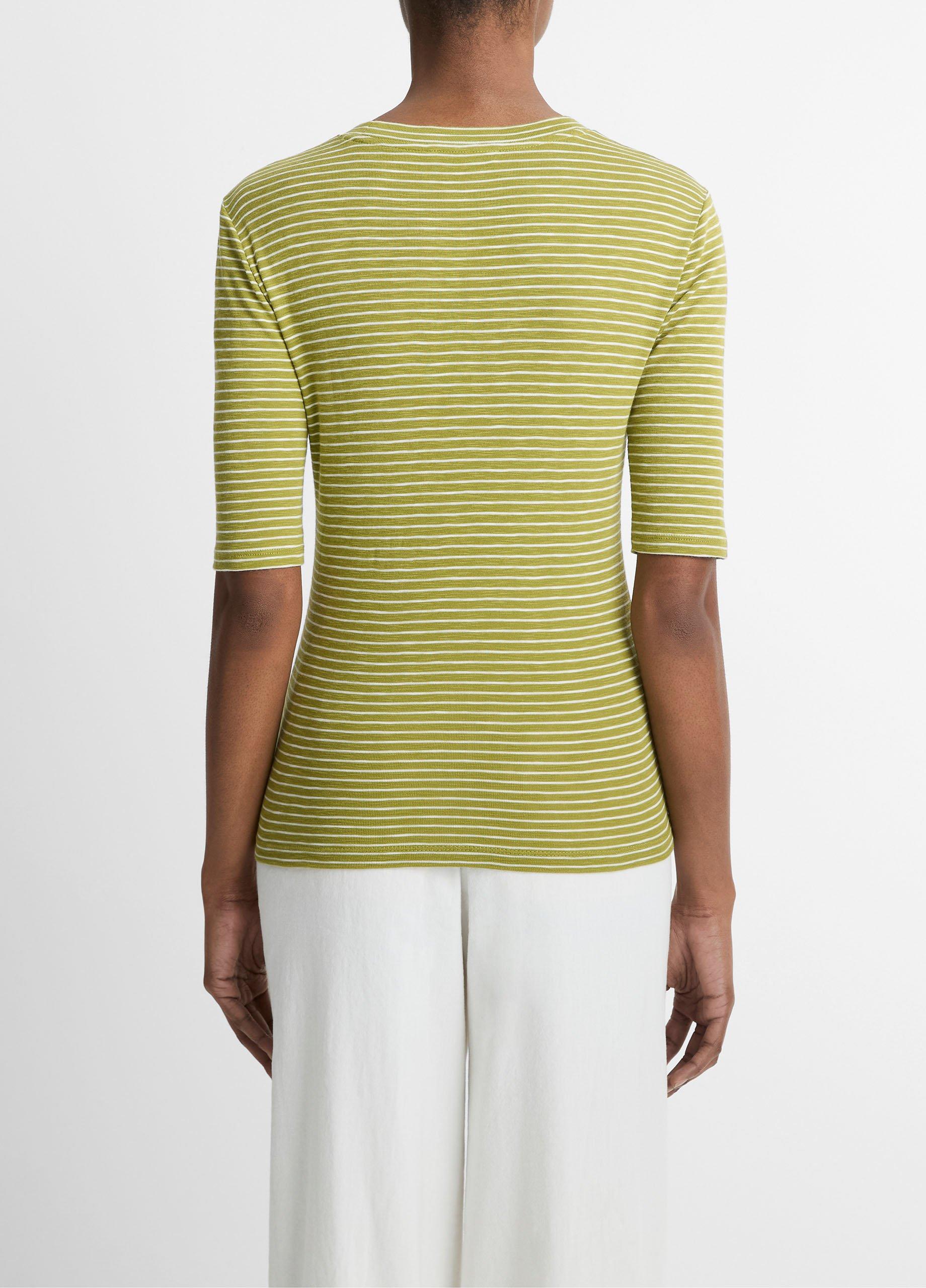 ヴィンス Vince Striped Elbow Sleeve Crew レディース シャツ トップス Herbaria Combo Striped Cotton-Blend Elbow-Sleeve T-Shirt in Shirts & Tees