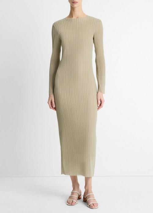 Pleated Long-Sleeve Crew Neck Dress