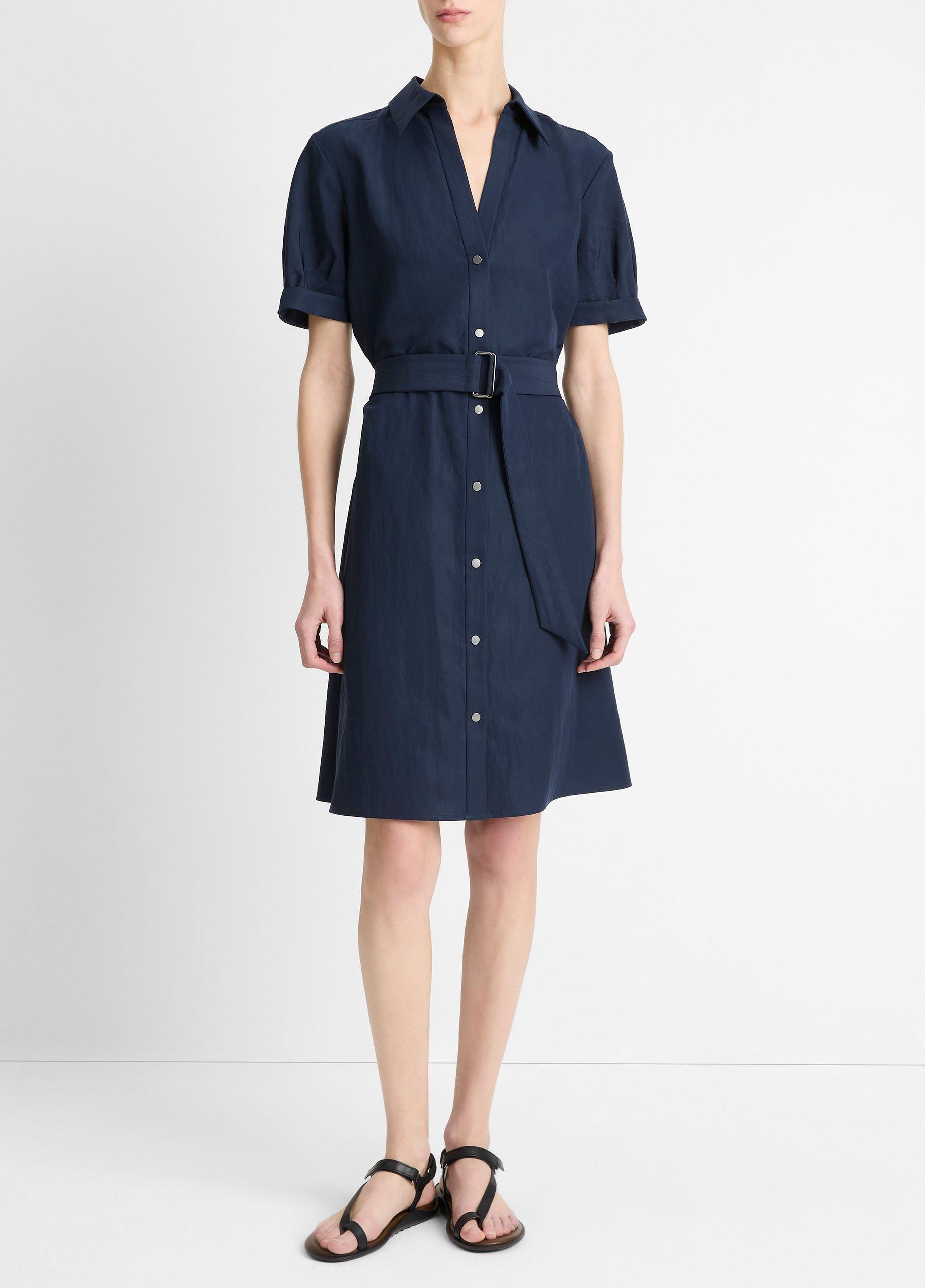 Cuffed-Sleeve Belted Shirt Dress in Dresses | Vince