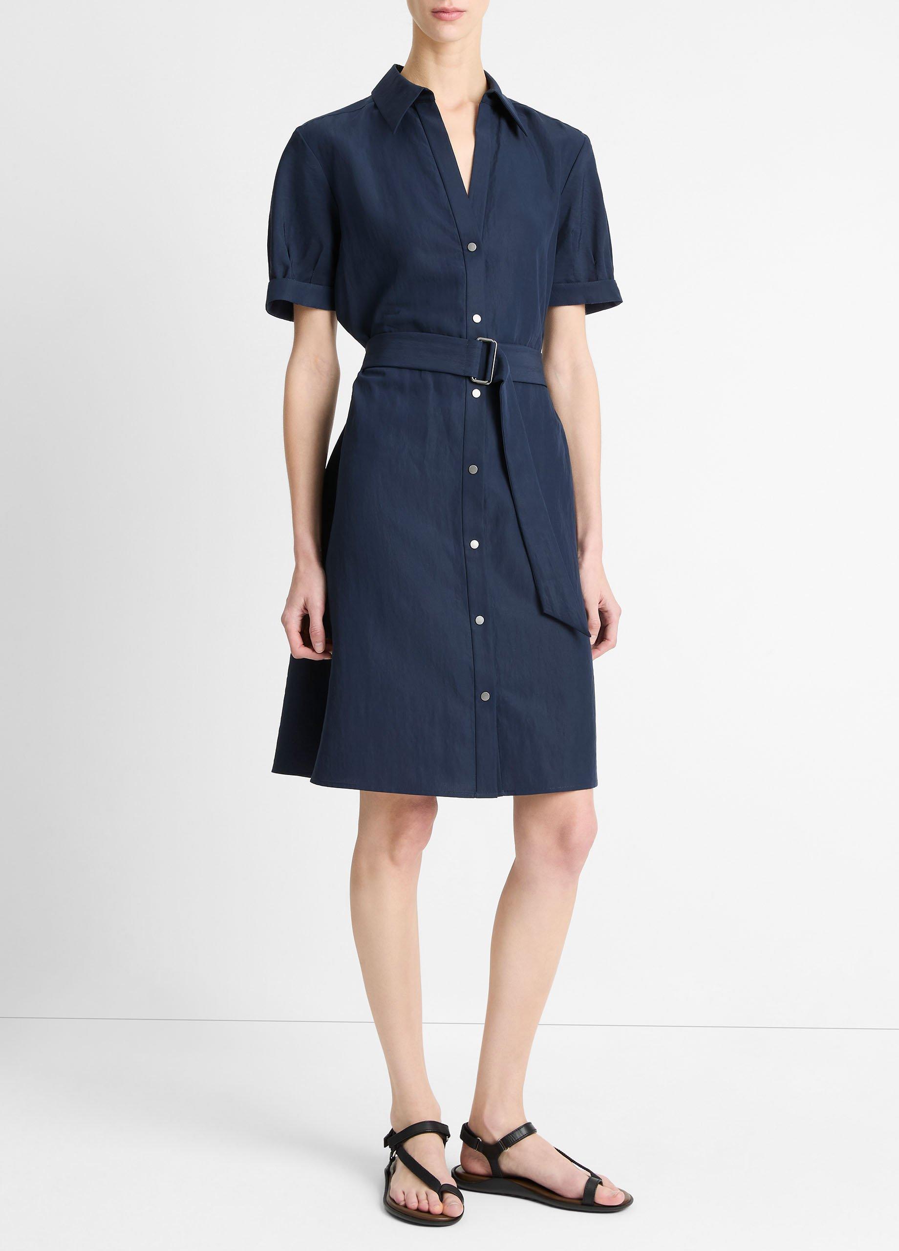 Cuffed-Sleeve Belted Shirt Dress in Dresses & Skirts | Vince