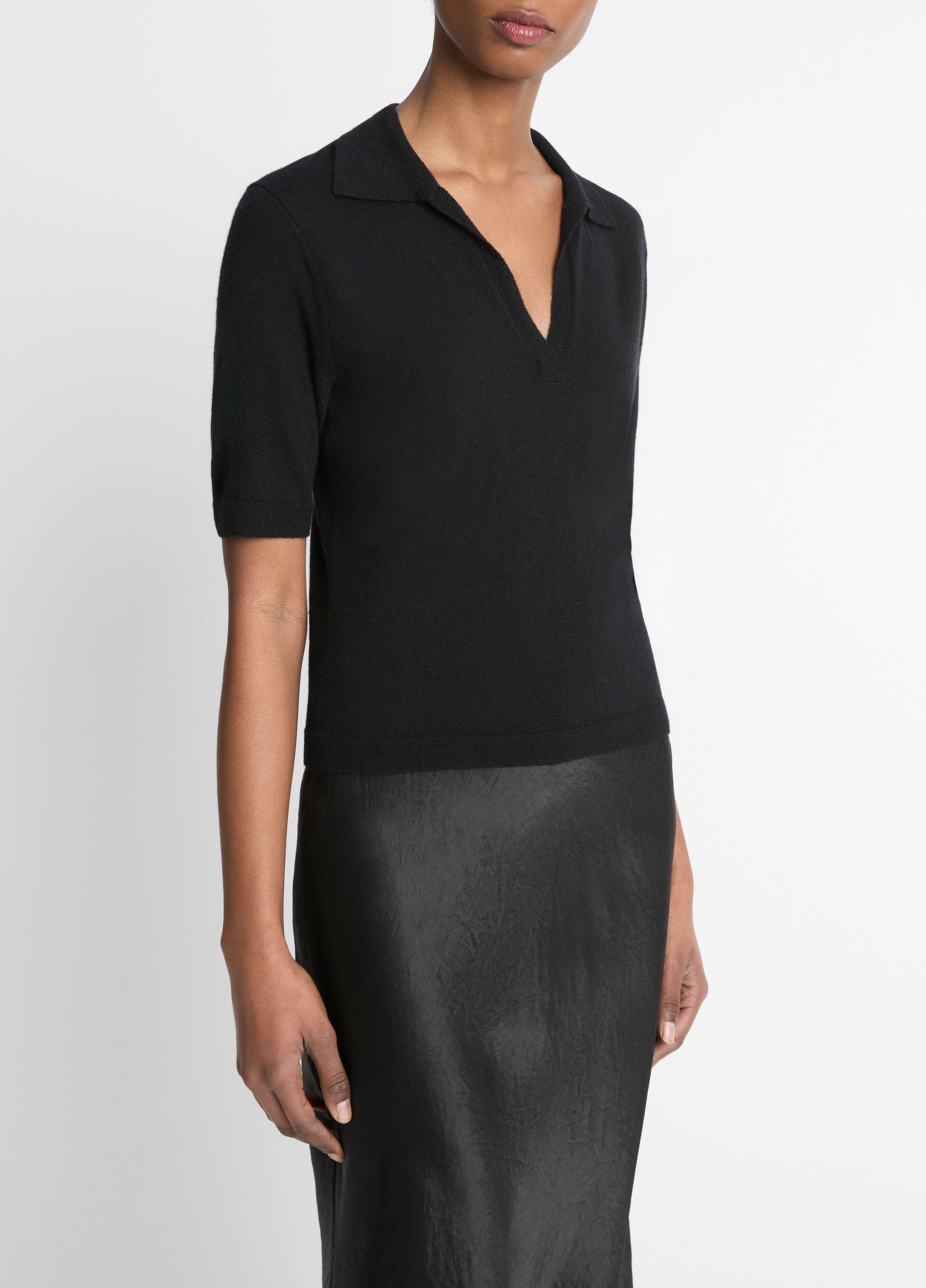 Cashmere-Silk Short-Sleeve Polo Sweater in V-Neck | Vince