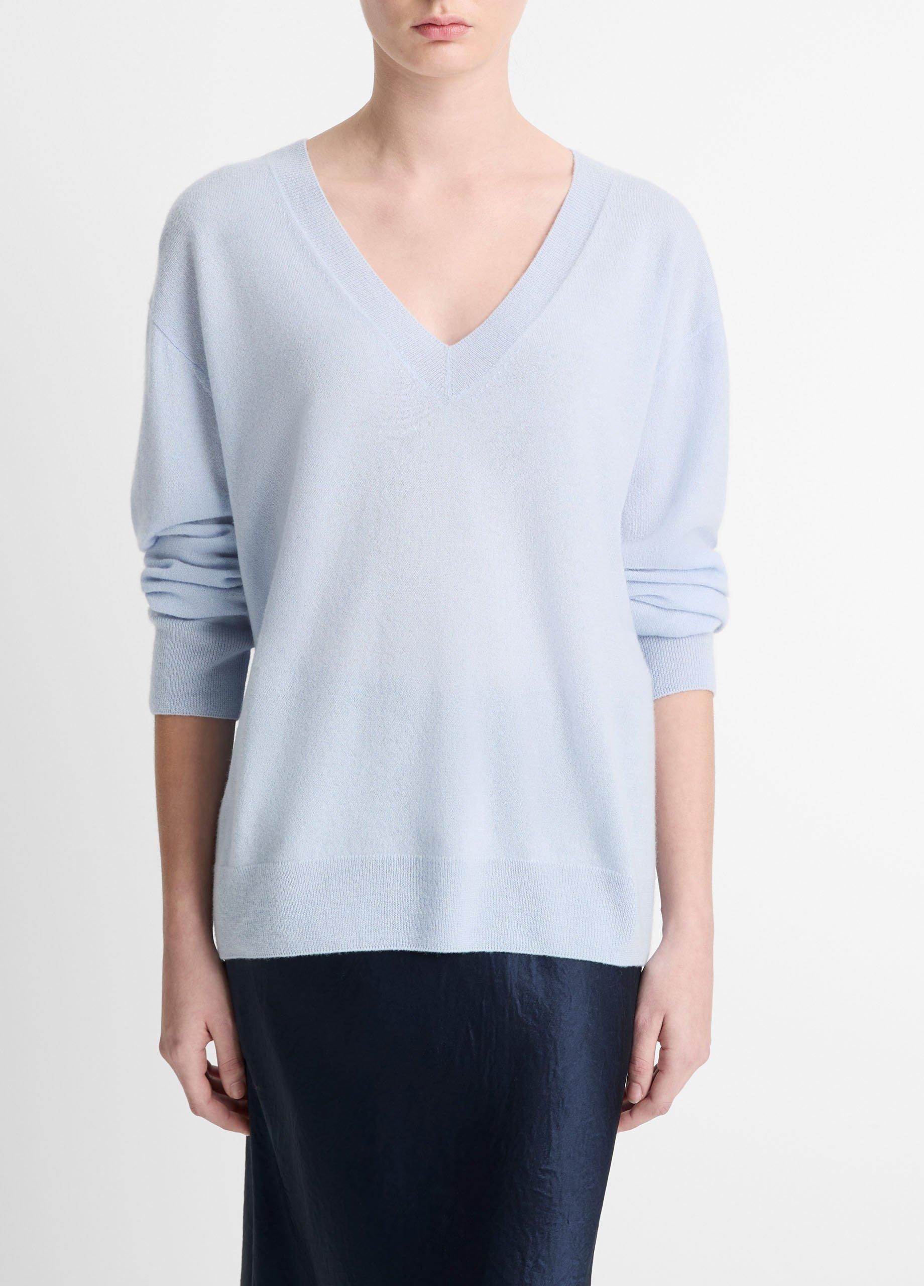 Women's Cashmere-Silk Deep V-Neck Sweater, Dark Sky Mist, Size L Vince