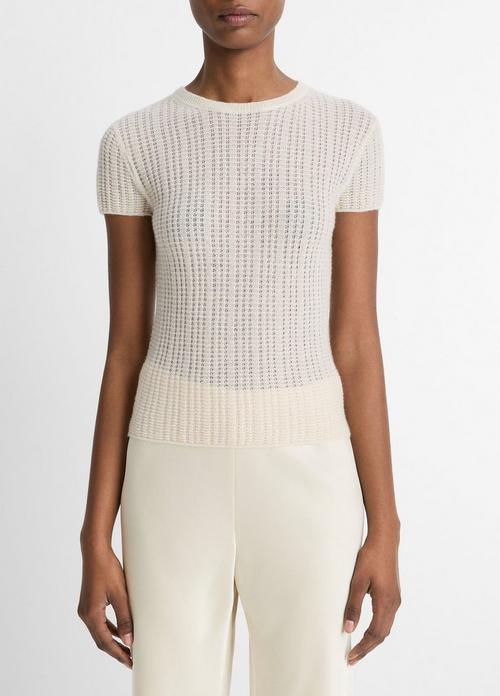 Waffle-Knit Cashmere-Silk Short-Sleeve Sweater