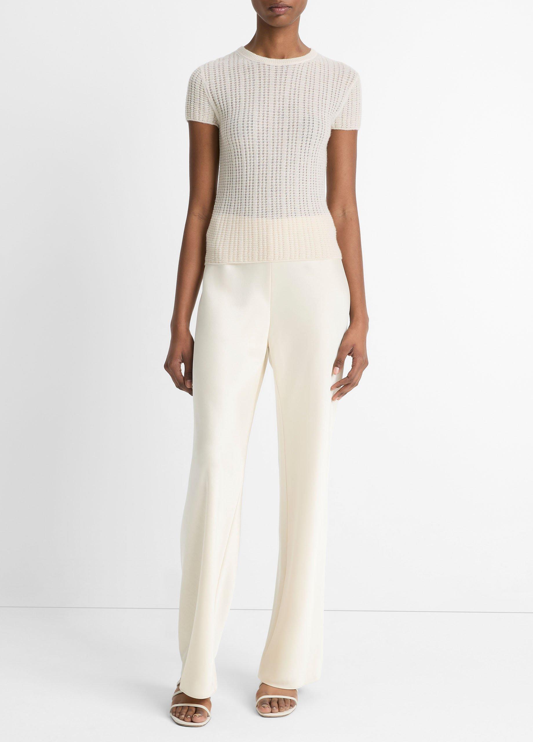 Waffle-Knit Cashmere-Silk Short-Sleeve Sweater image number 3