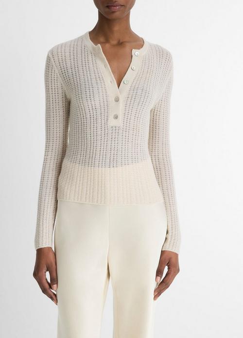 Waffle-Knit Cashmere-Silk Henley Sweater