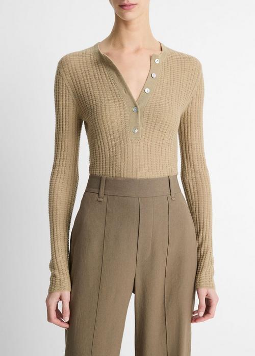 Waffle-Knit Cashmere-Silk Henley Sweater