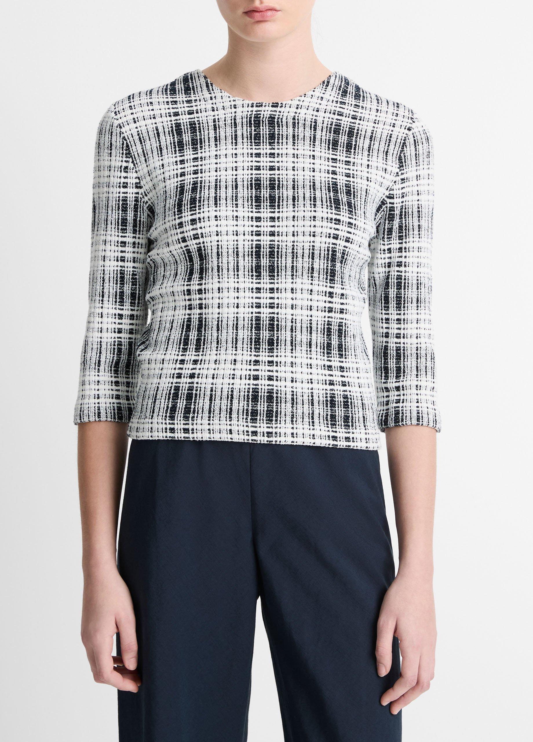 Bouclé Plaid Cotton-Blend Elbow-Sleeve Sweater in Sweaters