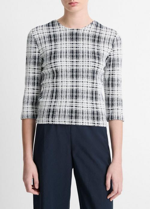 Bouclé Plaid Cotton-Blend Elbow-Sleeve Sweater