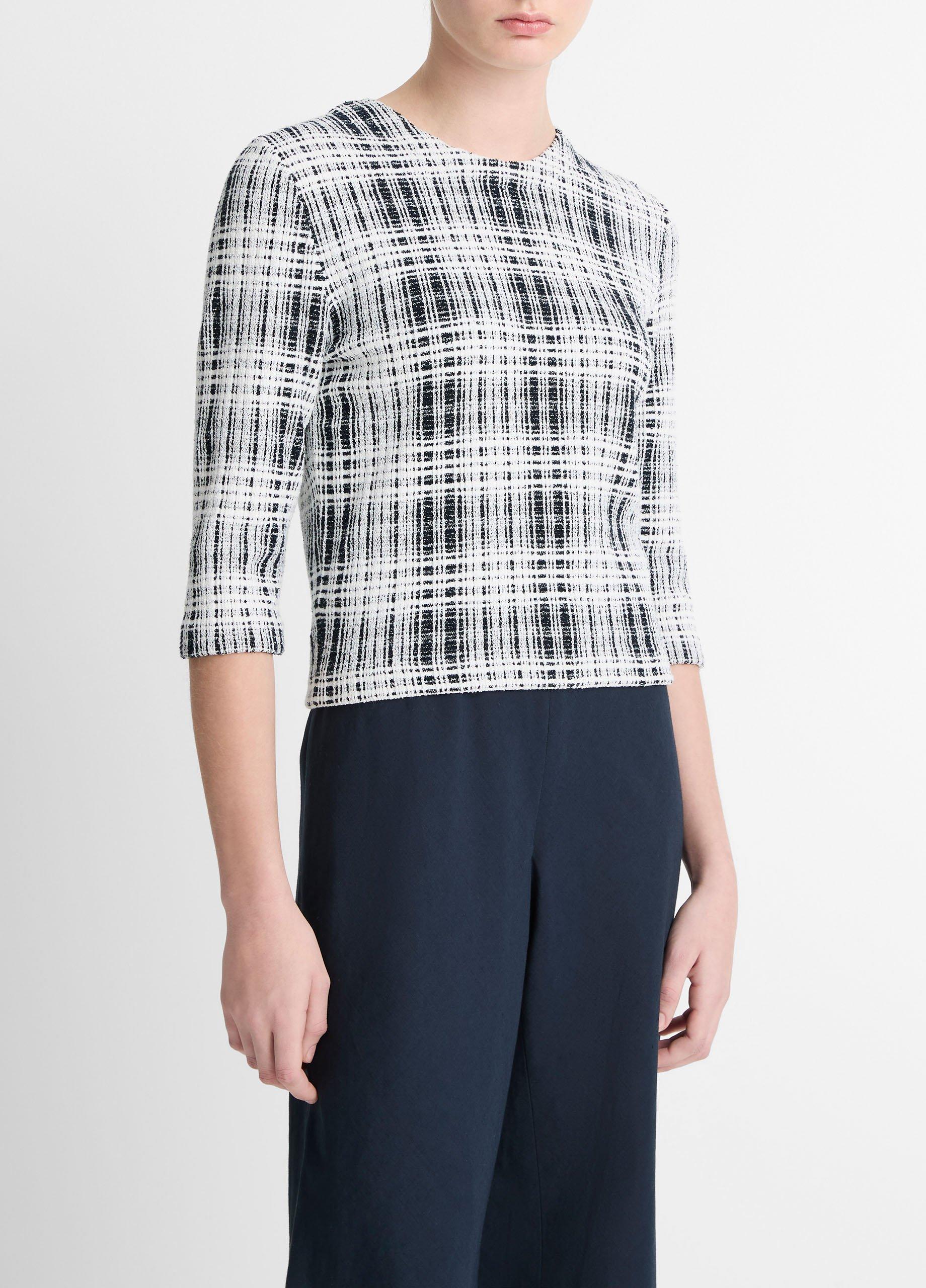 Boucl&eacute; Plaid Cotton-Blend Elbow-Sleeve Sweater image number 1