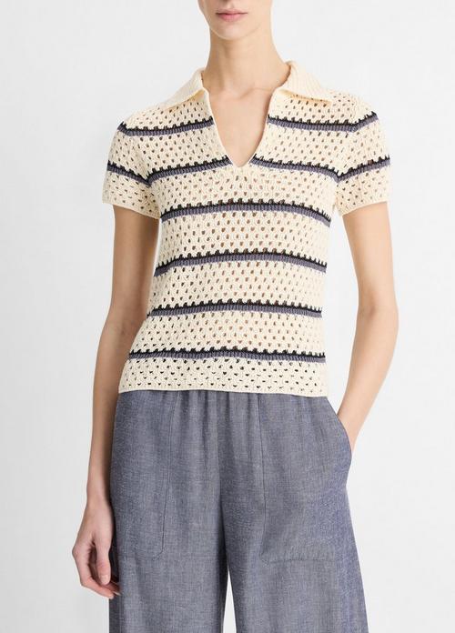 Striped Macramé Cotton Polo Sweater