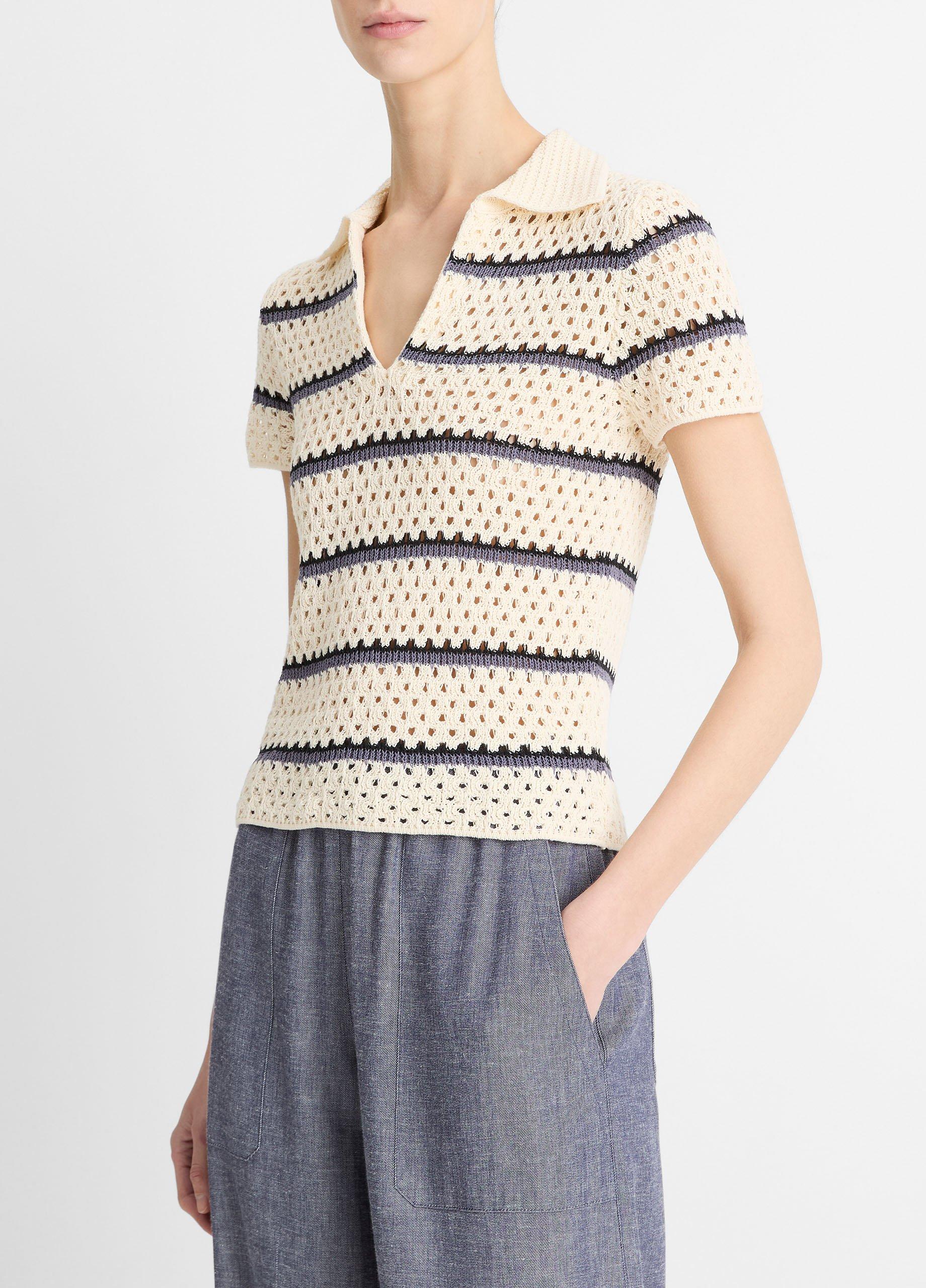 (取寄) ヴィンス レディース マクラメ ストライプ ヘンリー Vince women Macrame Stripe Henley Off-White Combo Vince Women's Macrame Stripe Henley Tee, Off White Combo