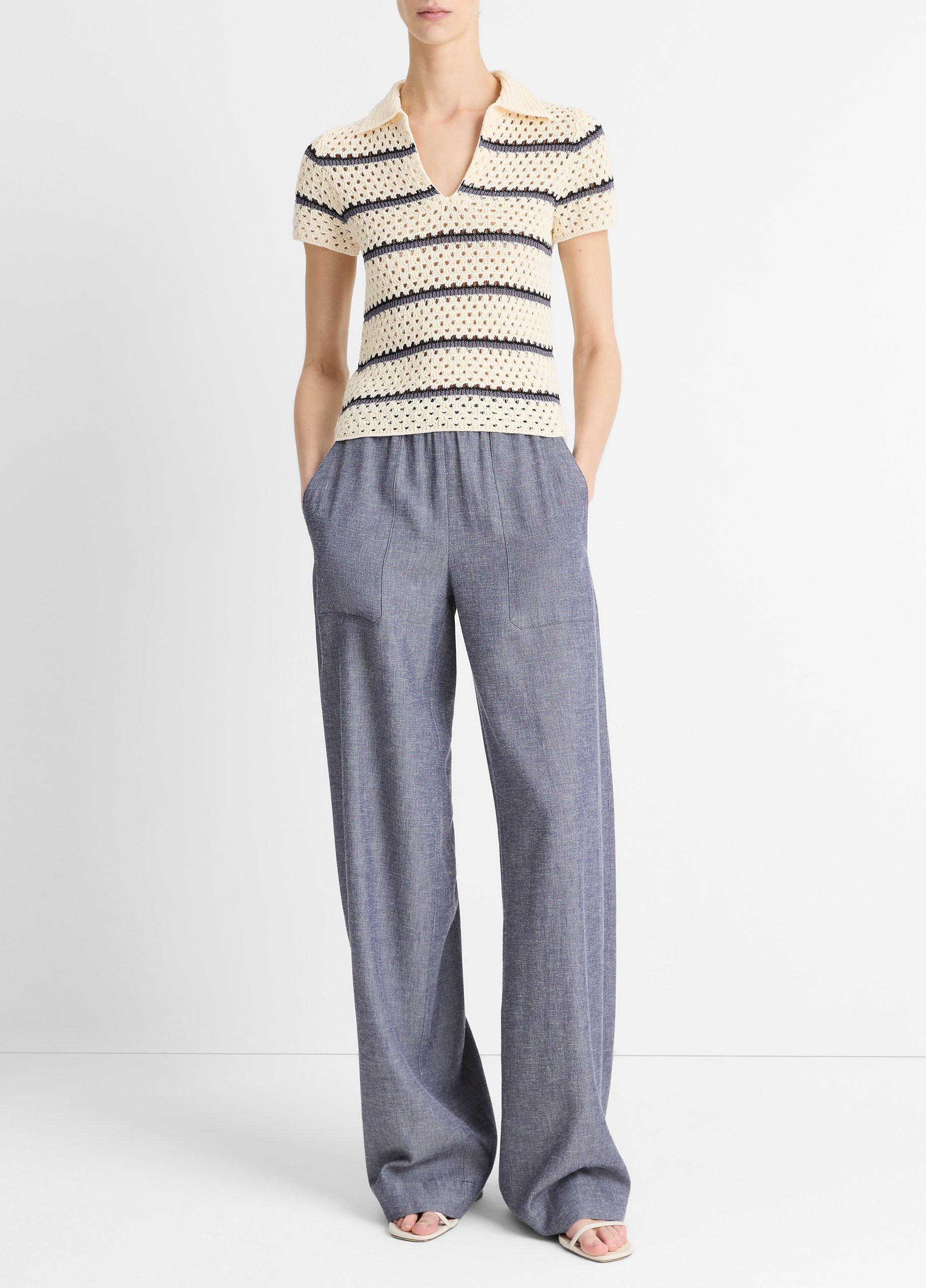 Striped Macram&eacute; Cotton Polo Sweater image number 3