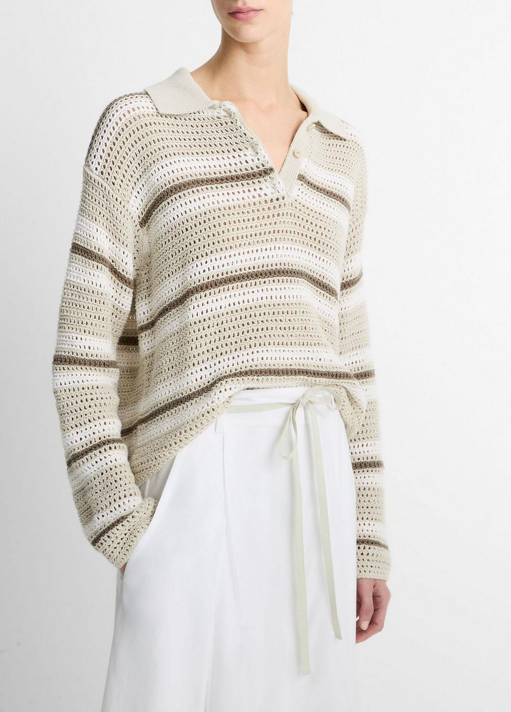 Mesh Stripe Italian Cotton Polo Sweater in V-Neck | Vince Mesh Stripe Italian Cotton Polo Sweater in V-Neck | Vince