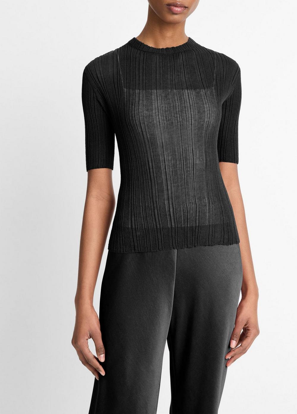 Italian Cotton-Blend Double-Layer Top in Short Sleeve | Vince Italian Cotton-Blend Double-Layer Top in Short Sleeve | Vince