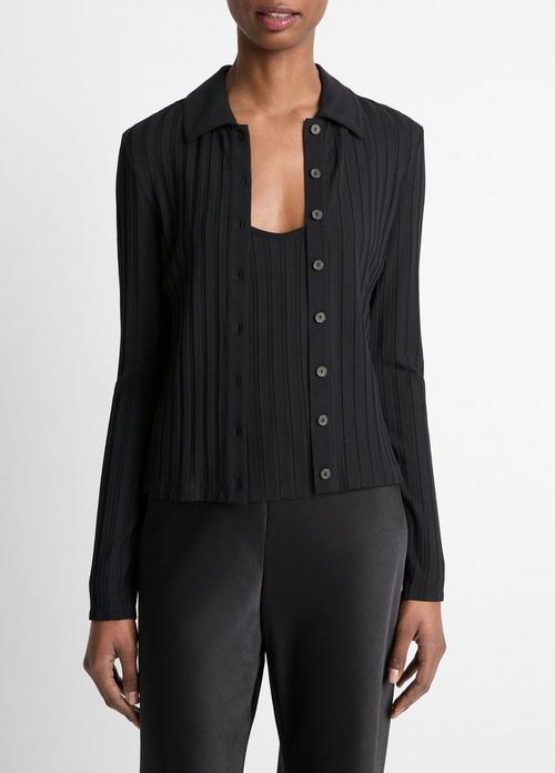 Ribbed Collared Long-Sleeve Button-Front Top