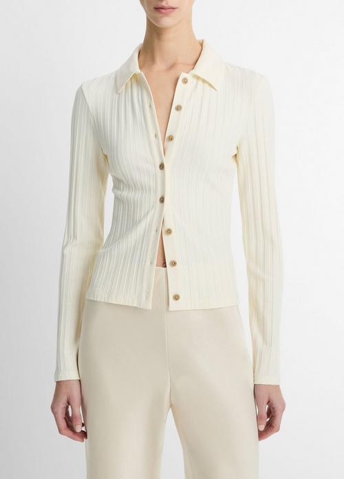 Ribbed Collared Long-Sleeve Button-Front Top