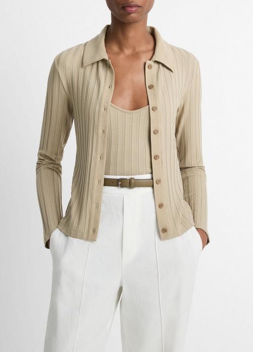 Ribbed Collared Long-Sleeve Button-Front Top