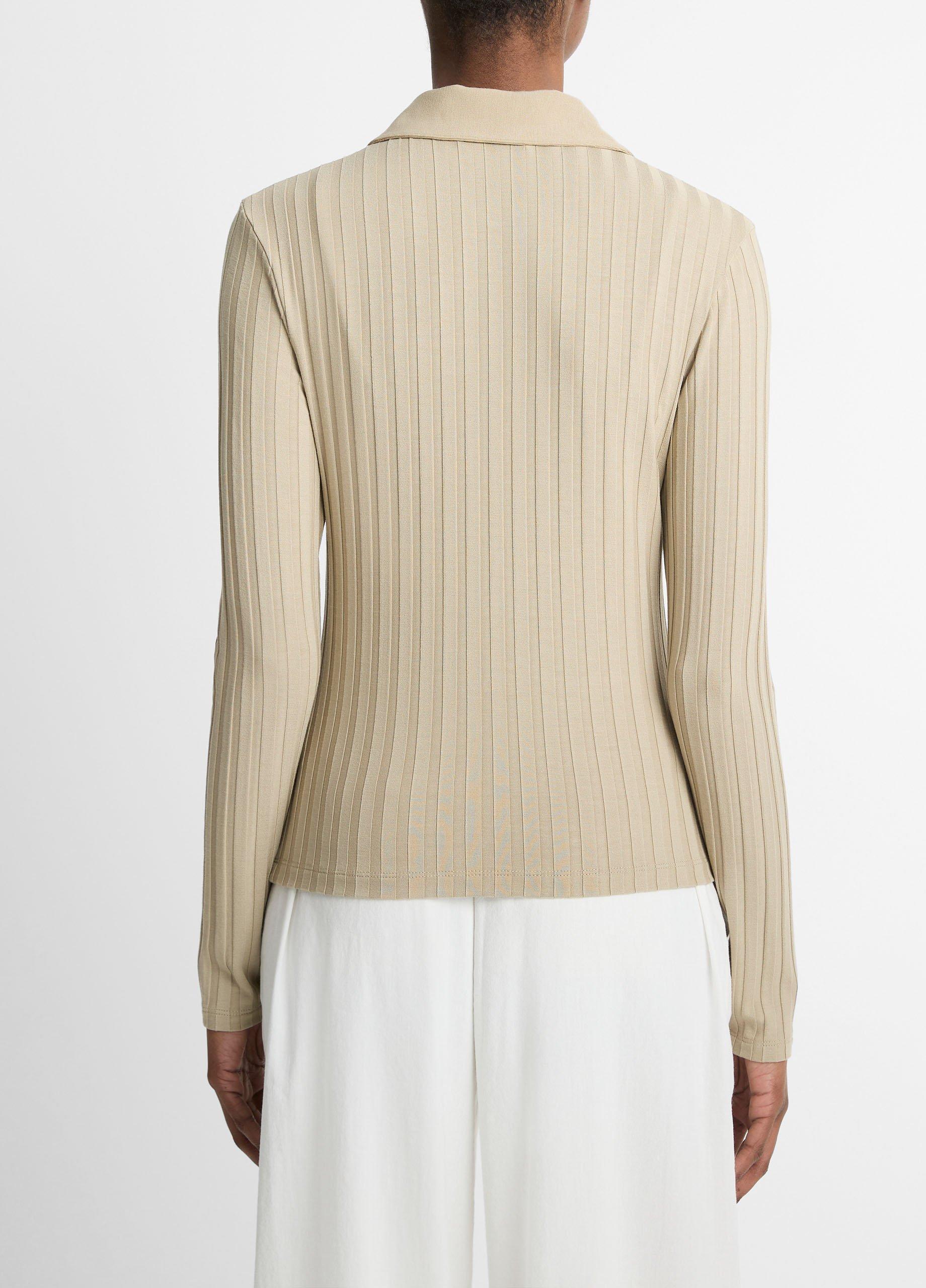 Ribbed Collared Long-Sleeve Button-Front Top in Long Sleeve