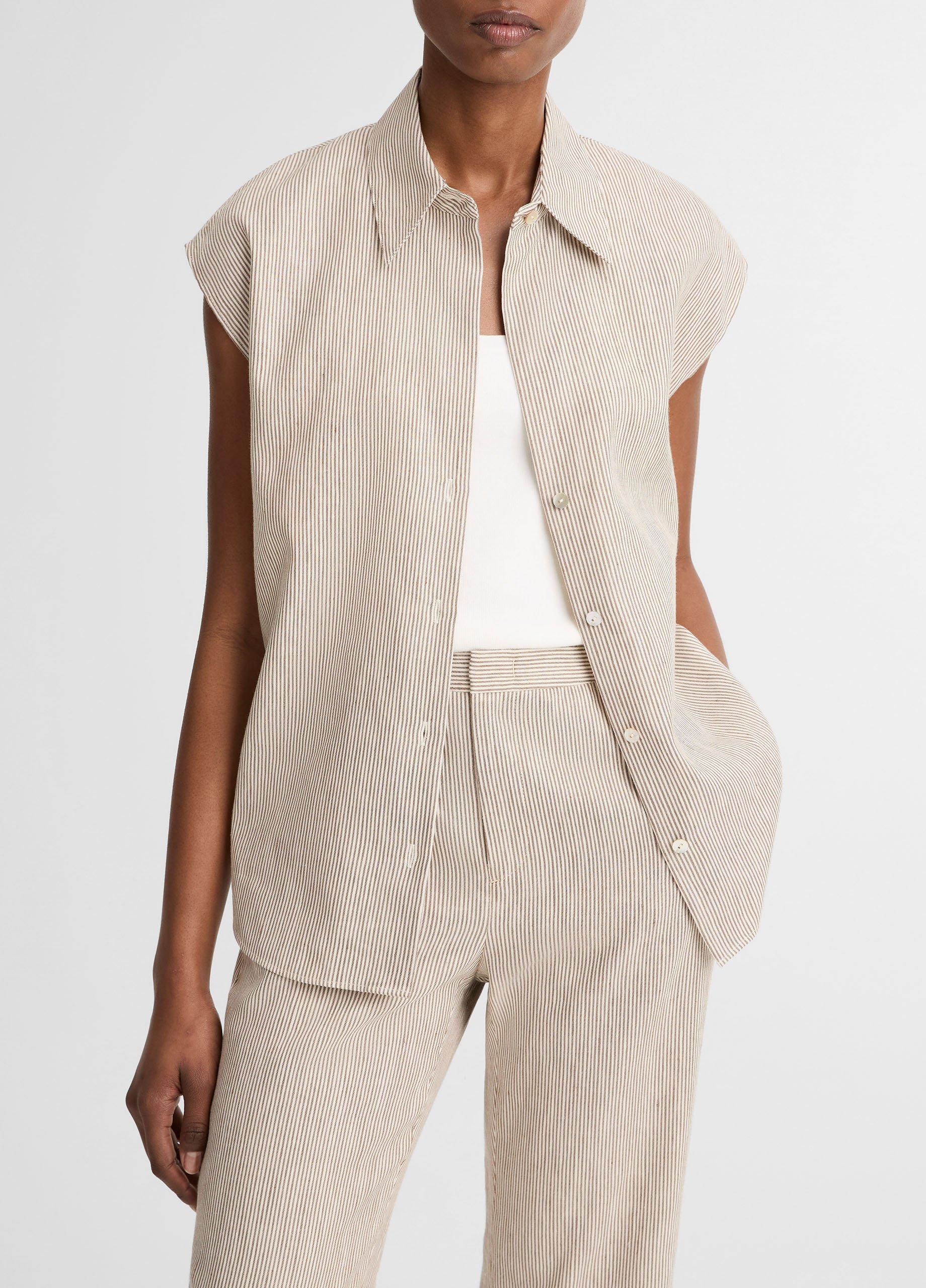 Ticking Stripe Linen-Cotton Cap-Sleeve Blouse image number 0