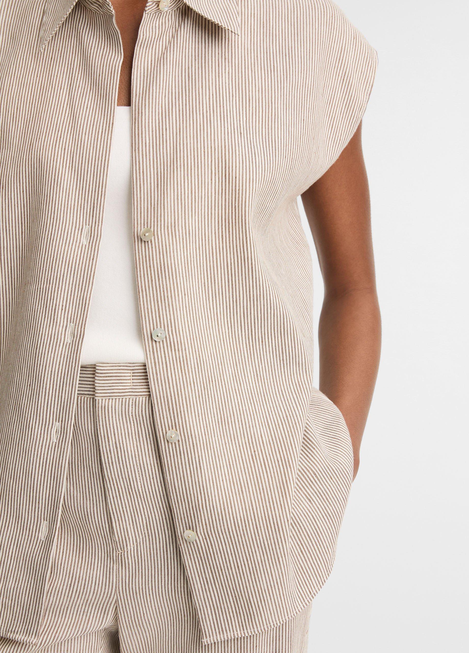 Ticking Stripe Linen-Cotton Cap-Sleeve Blouse image number 1
