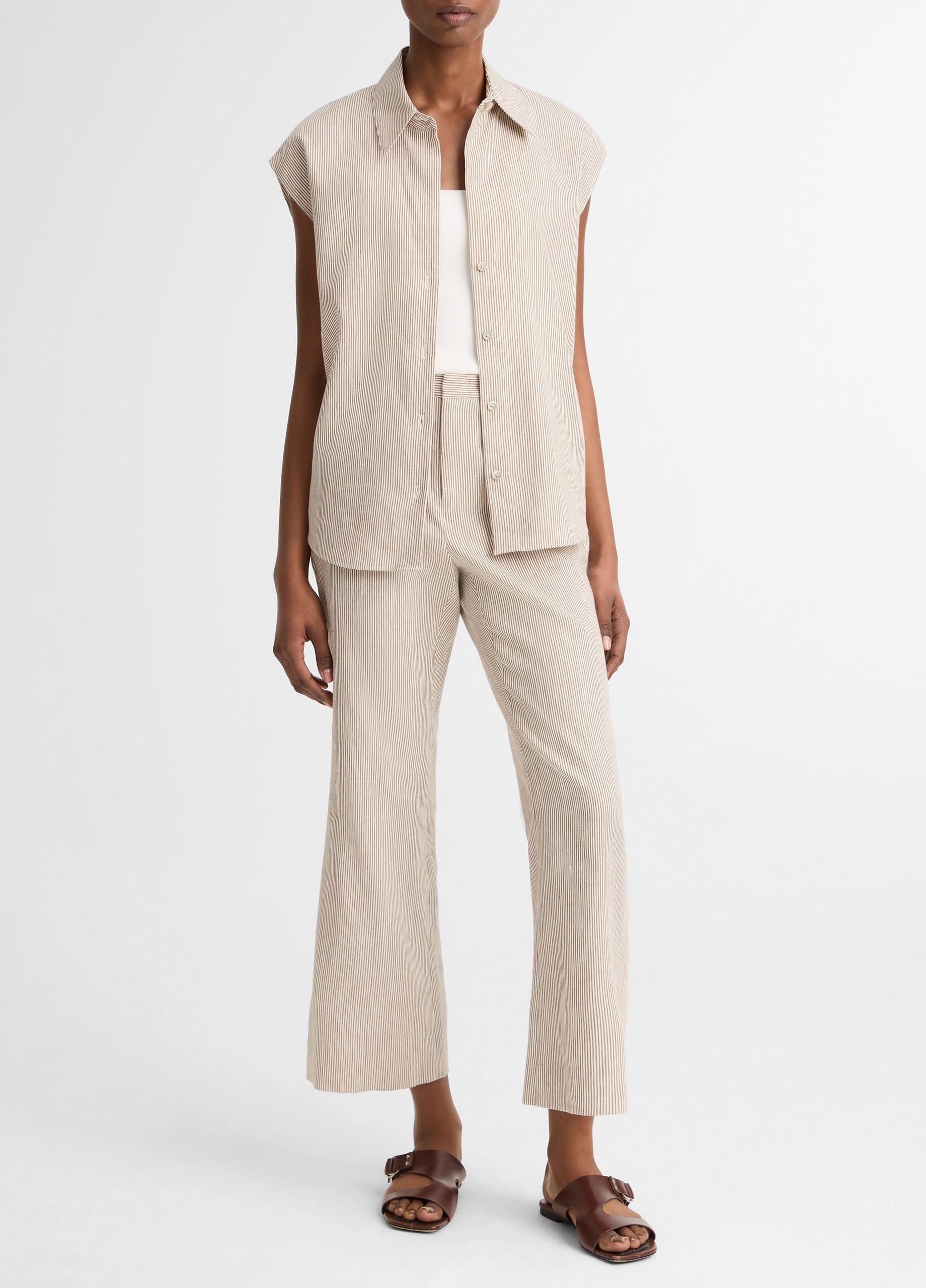 Ticking Stripe Linen-Cotton Cap-Sleeve Blouse image number 3