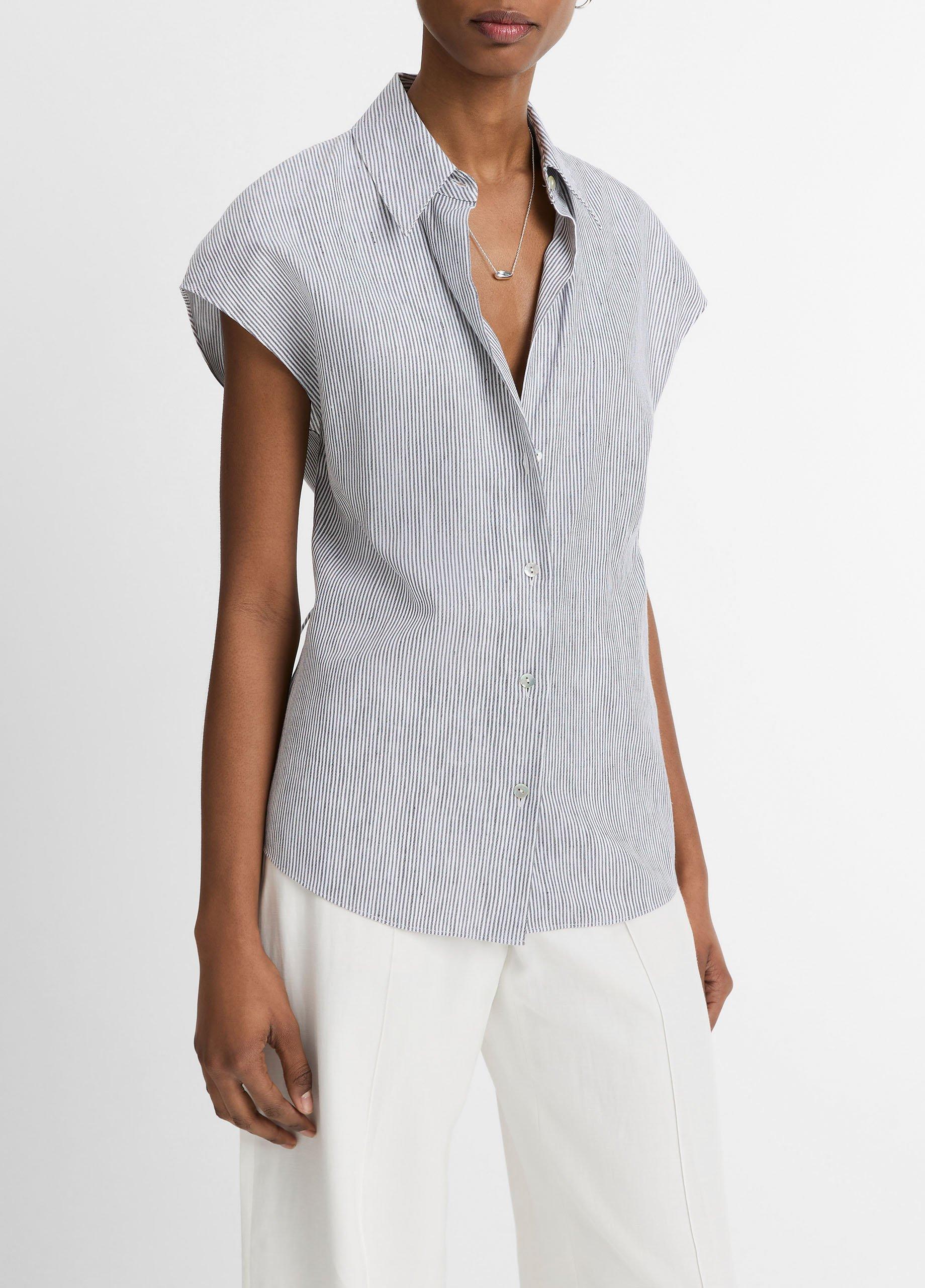 Ticking Stripe Linen-Cotton Cap-Sleeve Blouse image number 1