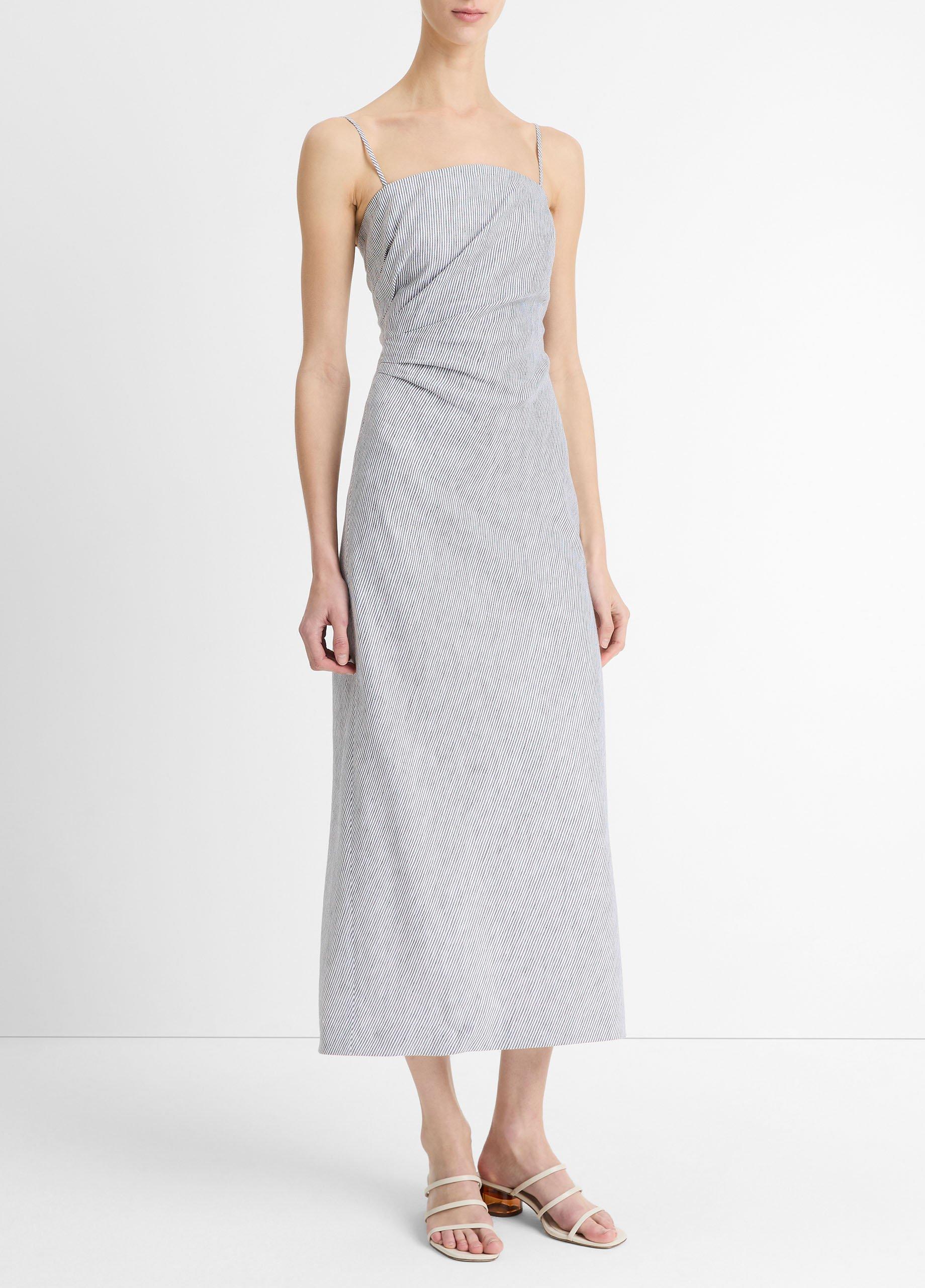 Ticking Stripe Linen-Cotton Draped Dress image number 1