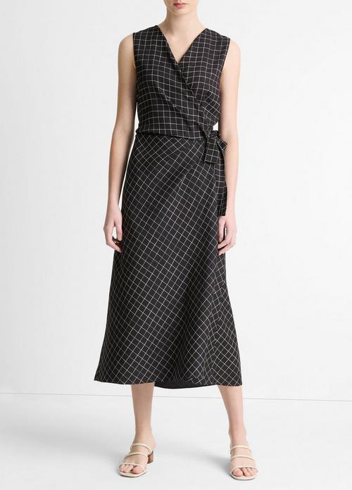 Trellis Plaid Draped Sleeveless Wrap Dress