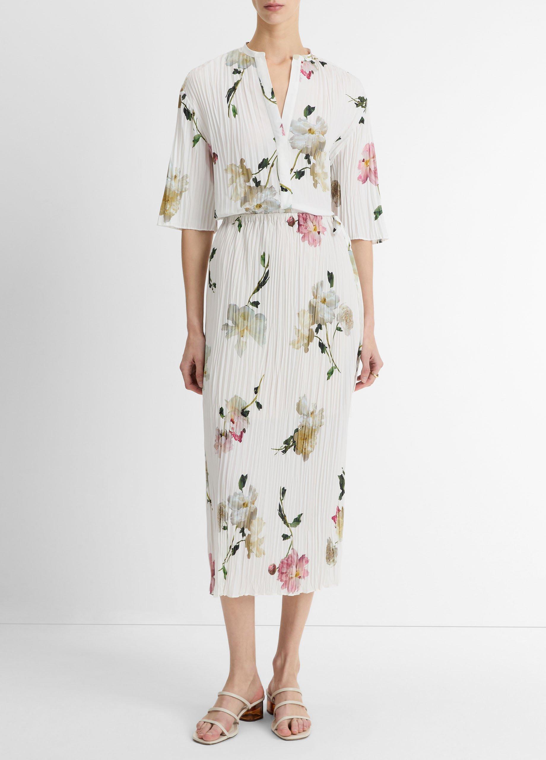 Women's Wilted Peony Pleated Side-Tie Skirt, White Peony, Size XS Vince