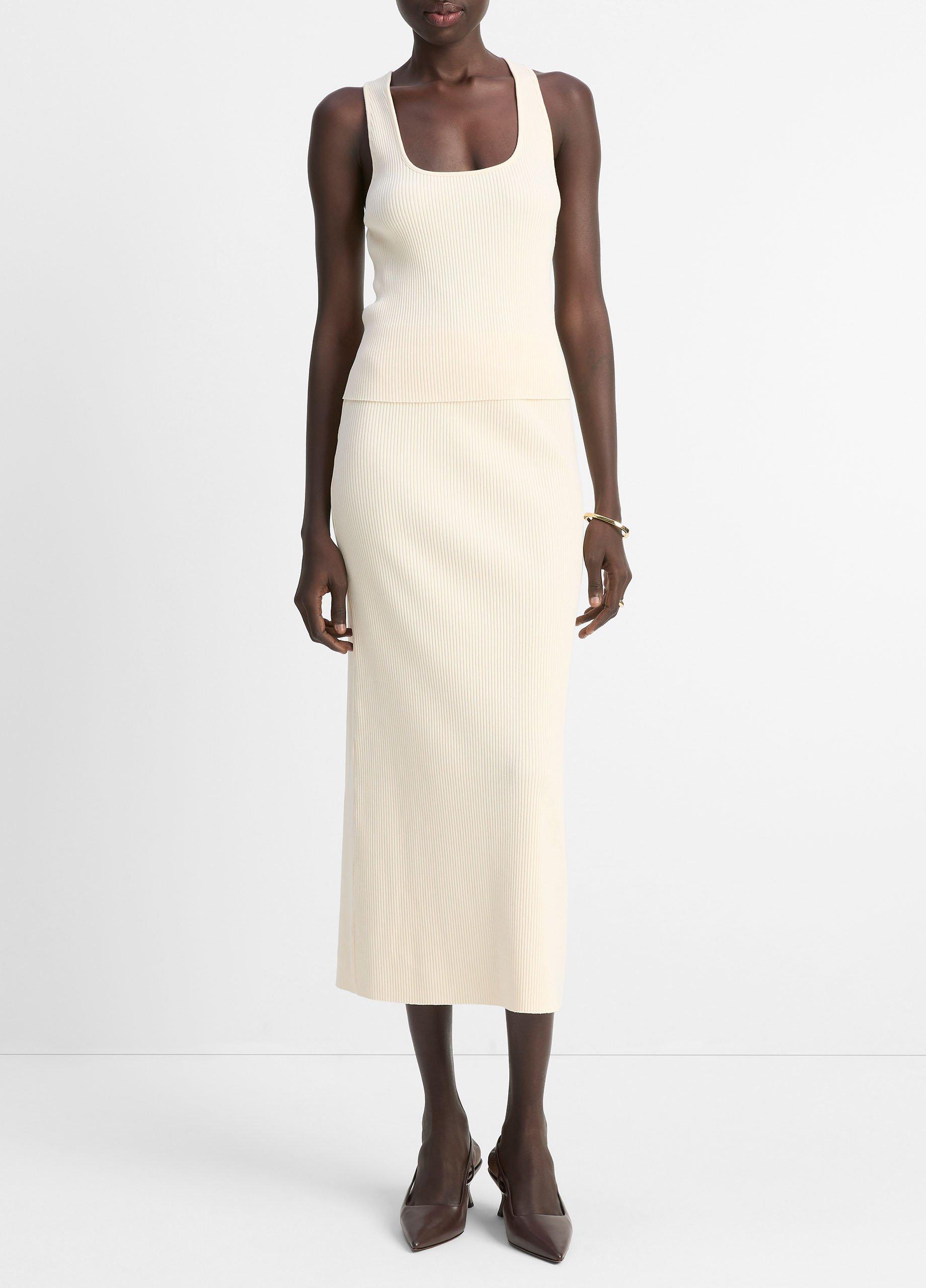 Women's Ribbed Cotton-Blend Midi Skirt, Oat Shell, Size L Vince