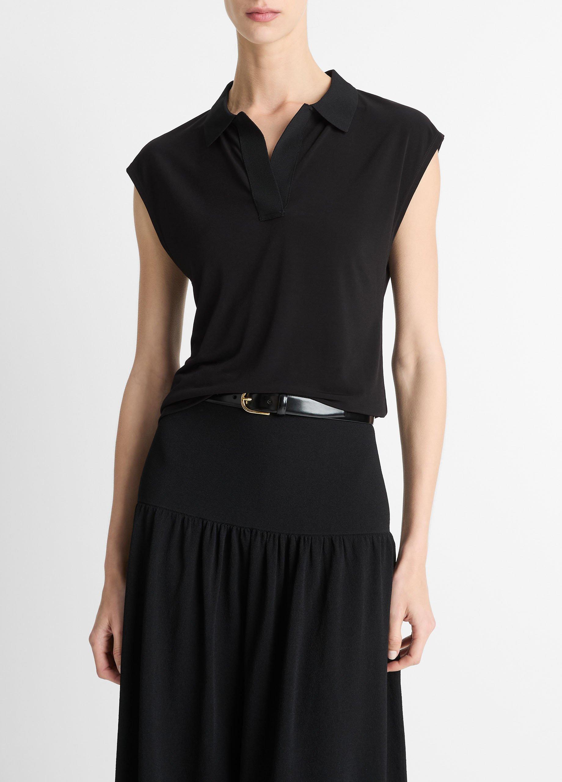 Women's Matte Jersey Cap-Sleeve Polo Top, Black, Size L Vince