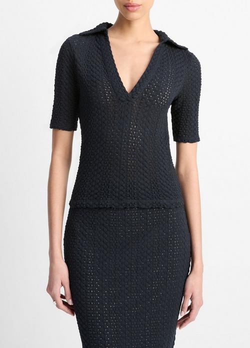 Textural Cotton Elbow-Sleeve Polo Top