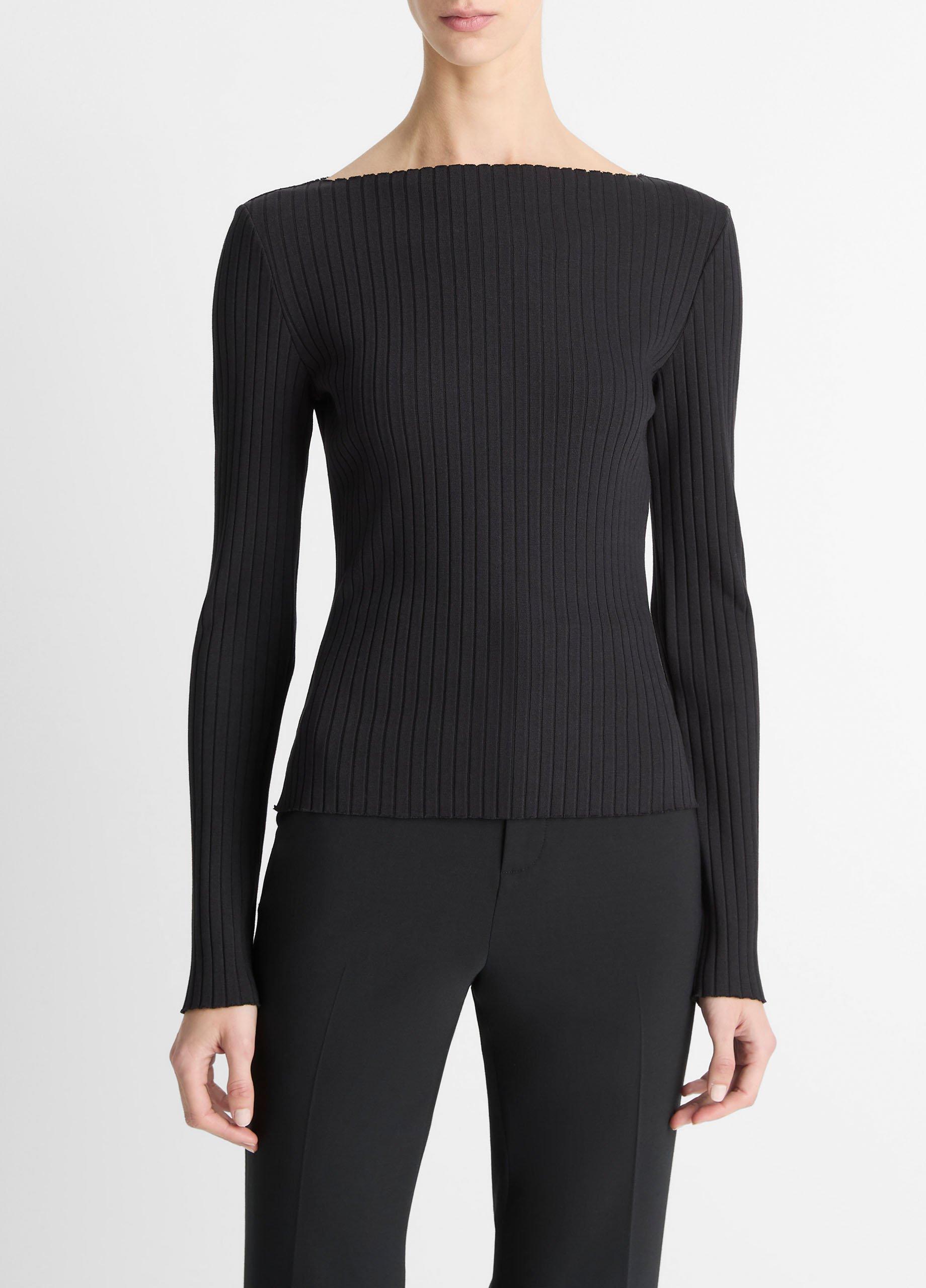 Women's Ribbed Cotton-Blend Slash-Neck Long-Sleeve Top, Black, Size L Vince