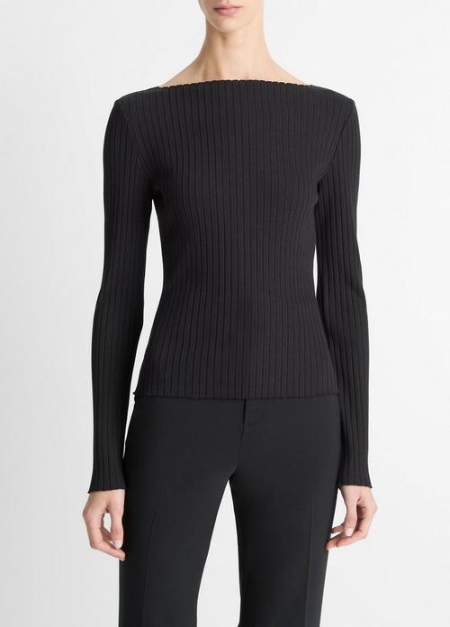 Ribbed Cotton-Blend Slash-Neck Long-Sleeve Top