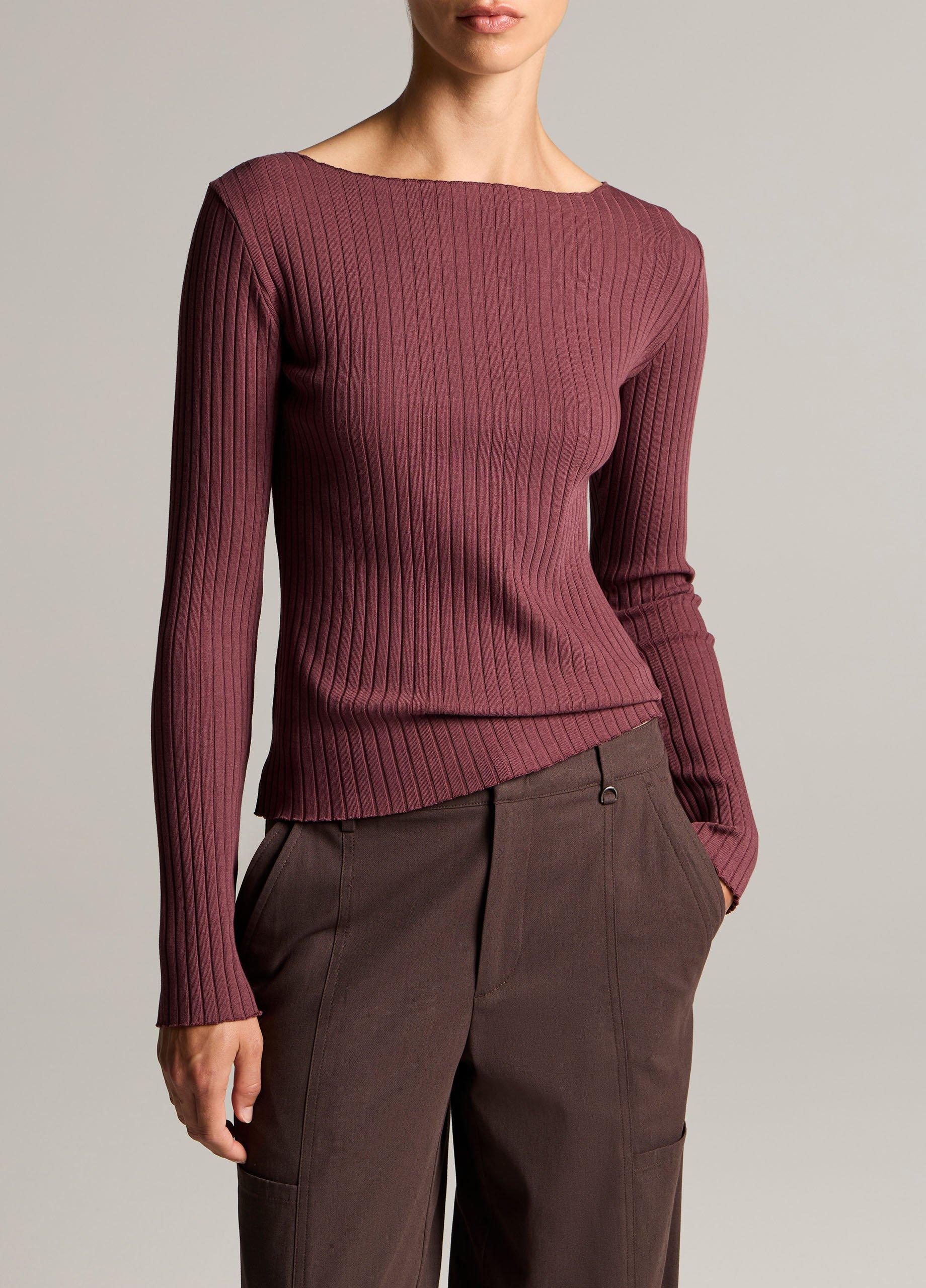 Ribbed Cotton-Blend Slash-Neck Long-Sleeve Top image number 0