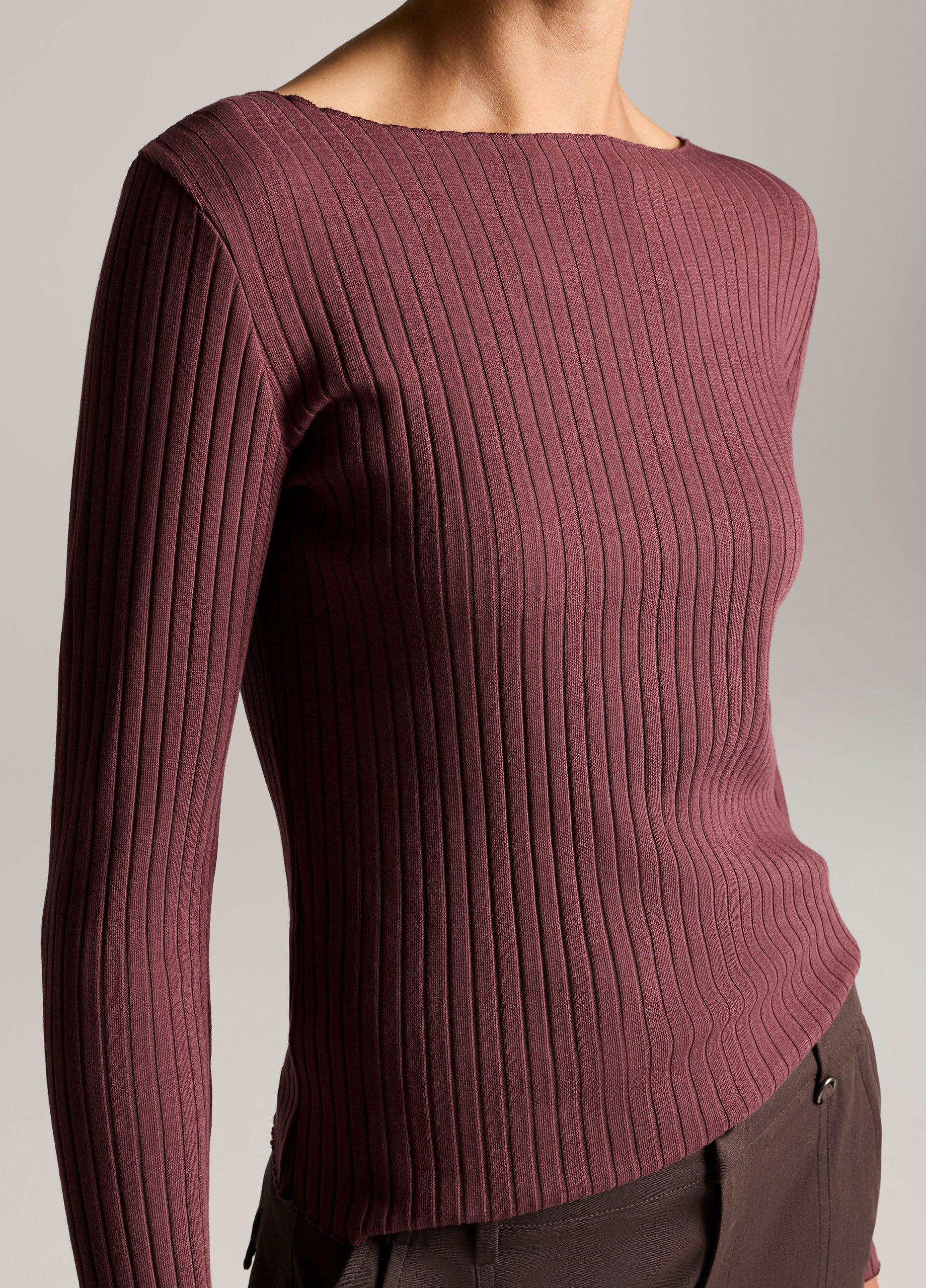 Ribbed Cotton-Blend Slash-Neck Long-Sleeve Top image number 1