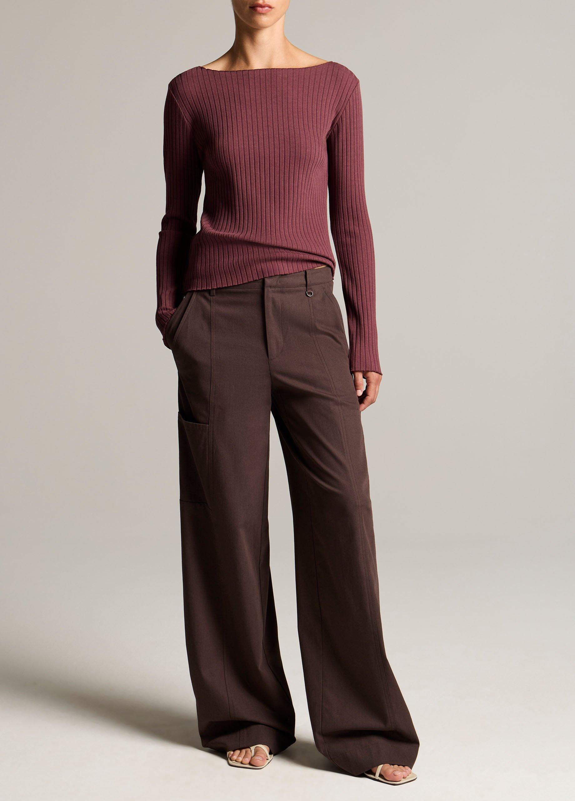 Ribbed Cotton-Blend Slash-Neck Long-Sleeve Top image number 3