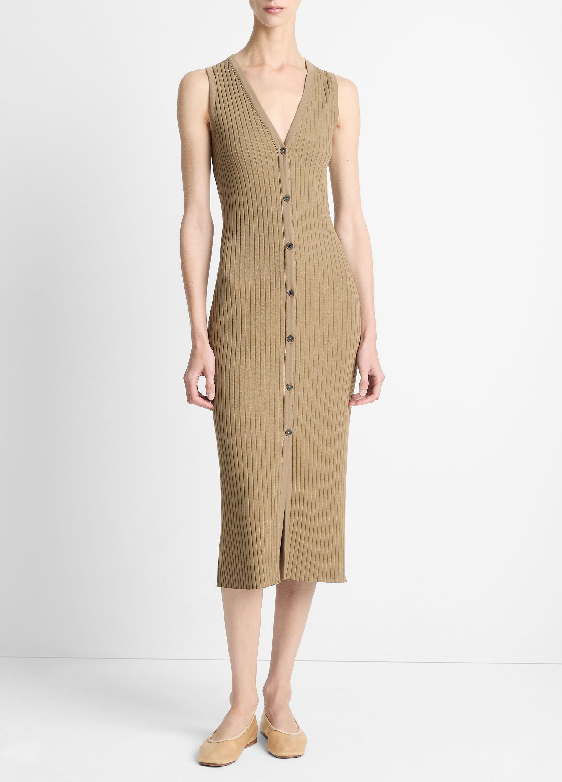 Women's Ribbed Cotton-Blend Button-Front Dress, Tapenade, Size L Vince