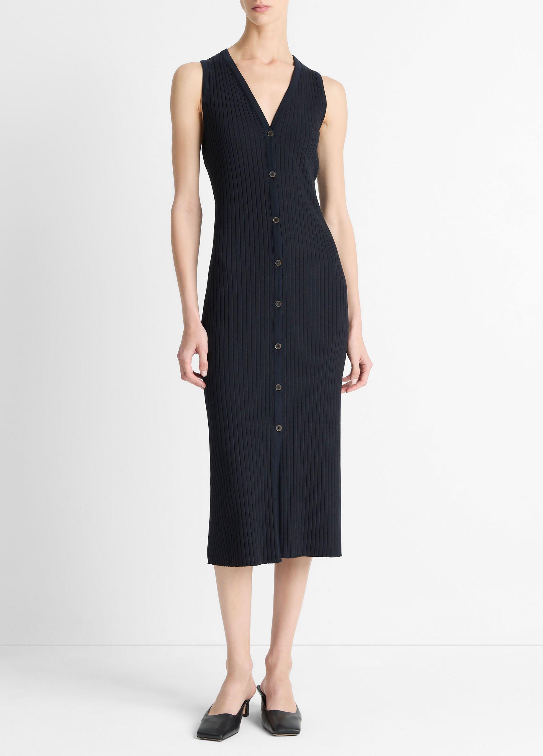 Women's Ribbed Cotton-Blend Button-Front Dress, Coastal Blue, Size L Vince