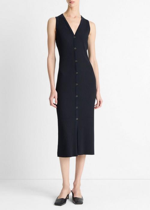 Ribbed Cotton-Blend Button-Front Dress