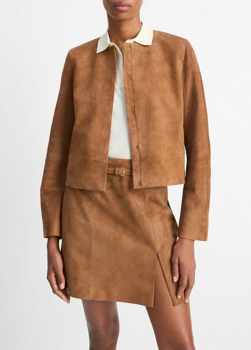 Collarless Cropped Suede Jacket