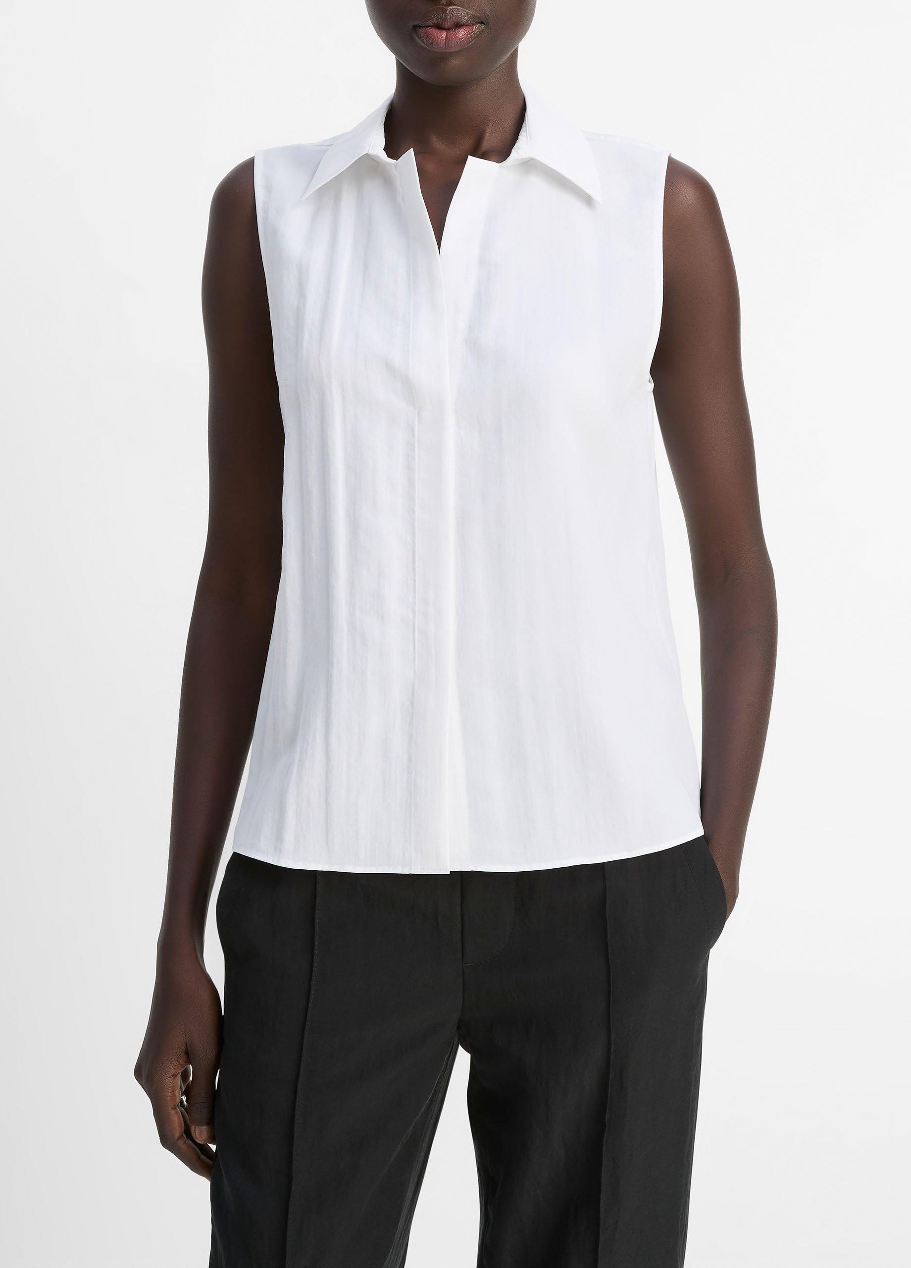 Women's Boxy Sleeveless Button-Front Shirt, Optic White, Size L Vince