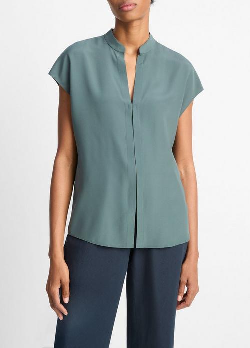 Contrast-Placket Stretch-Silk Cap-Sleeve Blouse