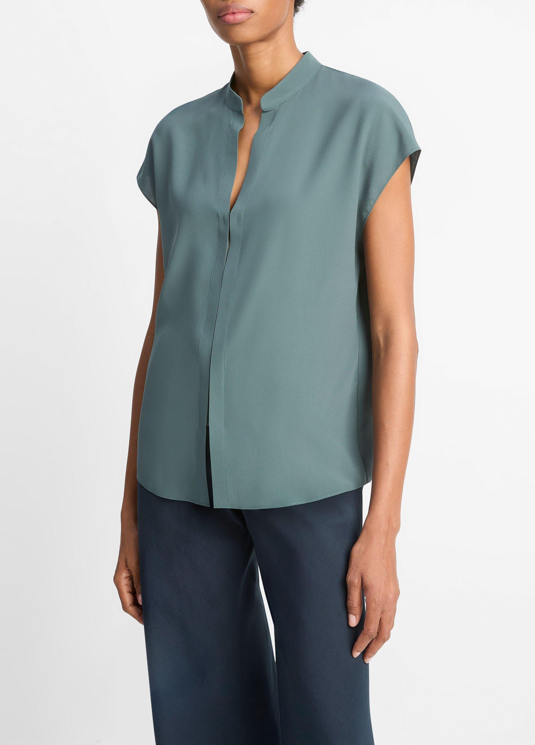 Contrast-Placket Stretch-Silk Cap-Sleeve Blouse image number 1